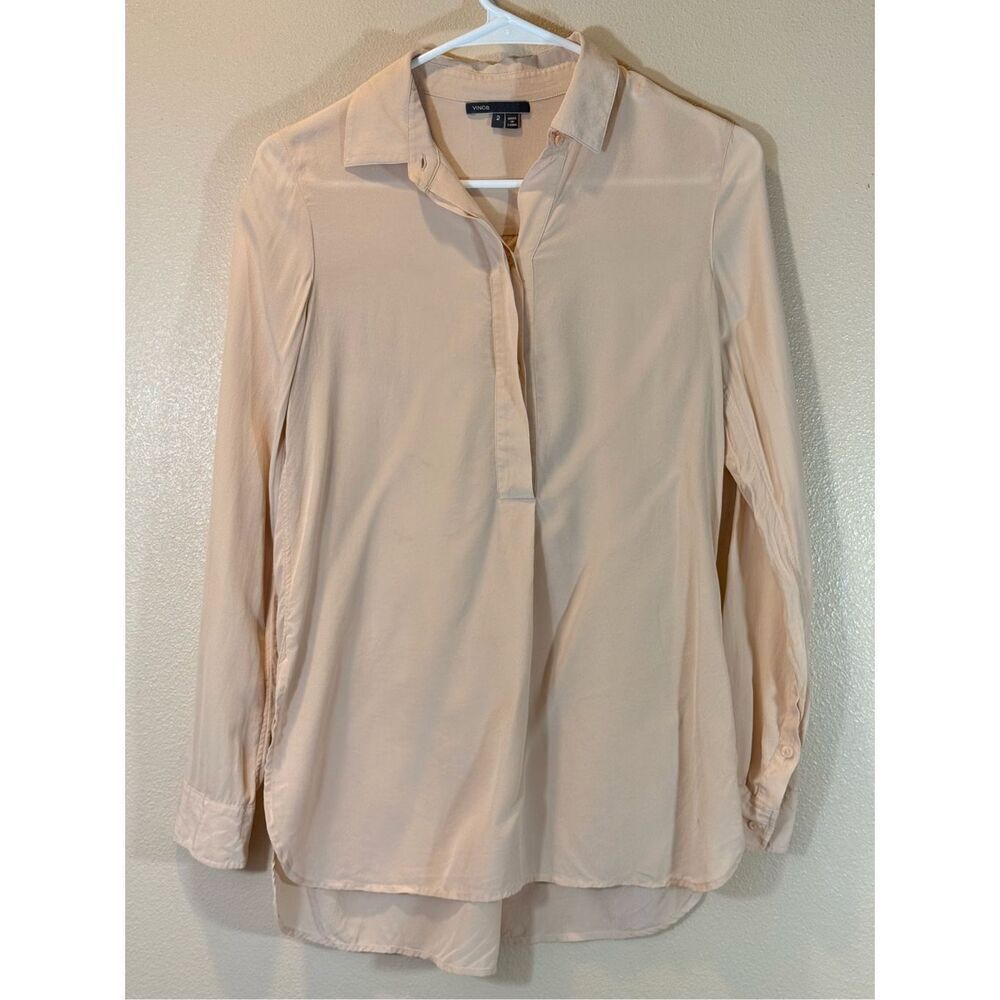 Vince 100% Silk  Cream Half Placket Pullover Collared Long Sleeve Blouse Tunic 2